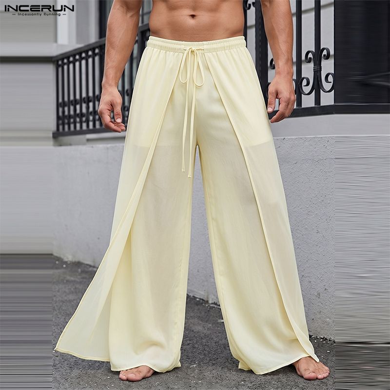 INCERUN Men's Sheer Overlay Split Trousers Casual Wide Leg Drawstring Beach Holiday Pants