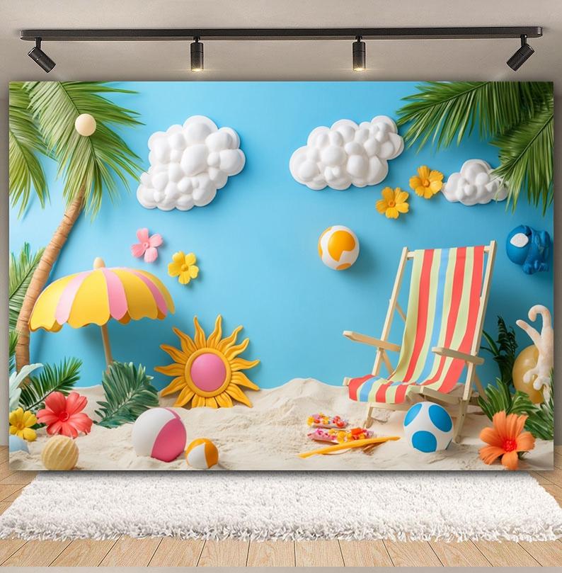 Summer Beach Backdrop Hawaii Tropical Seaside Sunshine Blue Sky Palm Tree Baby Birthday Holiday Party Photography Background