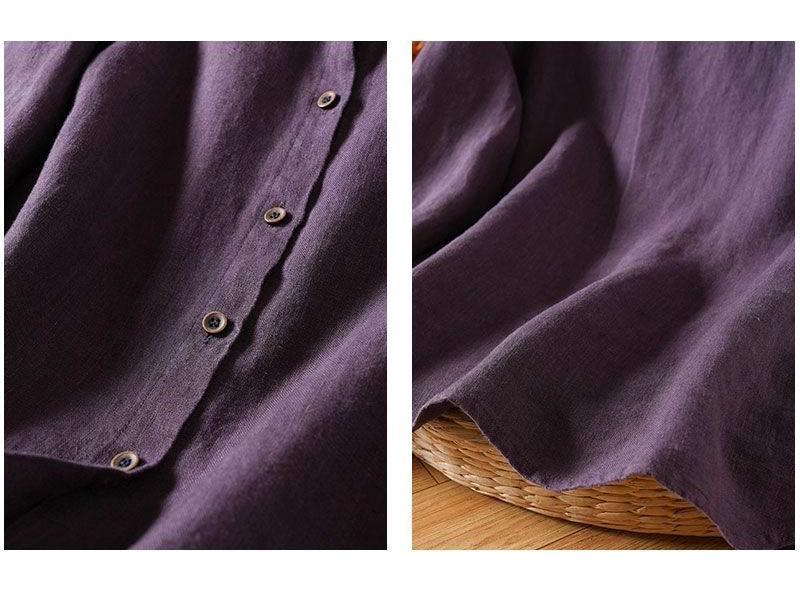 Dámská tmavě fialová lněná košile s dlouhým rukávem - Raný podzim, Literární retro, Volný střih, High-end, Tenký styl
