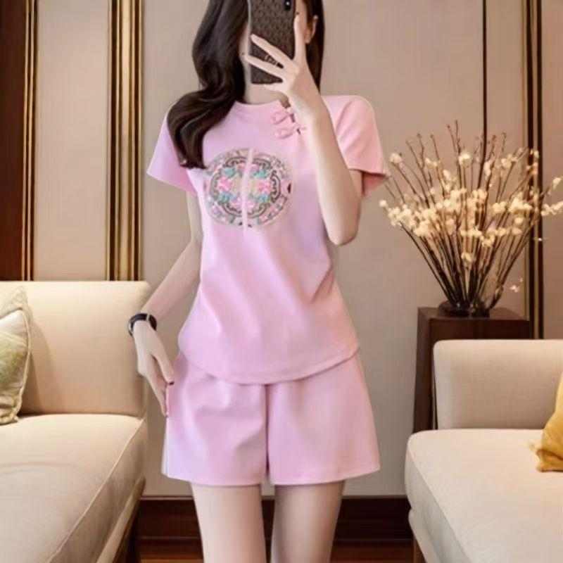 Модный Вышитый Спортивный Костюм Китайский Стиль Женский Летний Повседневный Короткий Рукав Шорты Комплект из Двух Предметов M