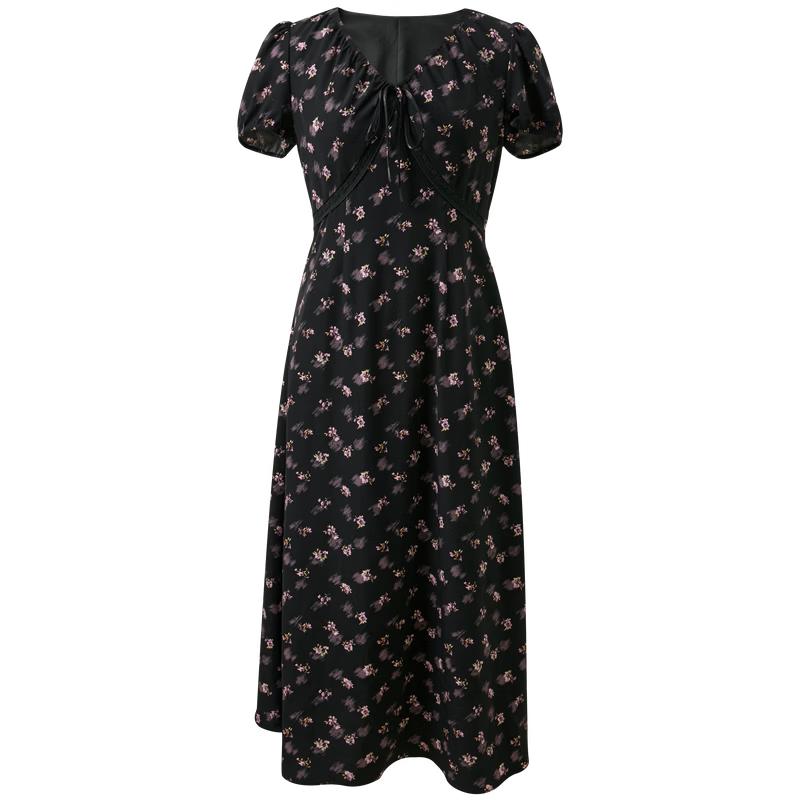Sancai 2026 Spring French Floral V-neck A-line Long Dress S