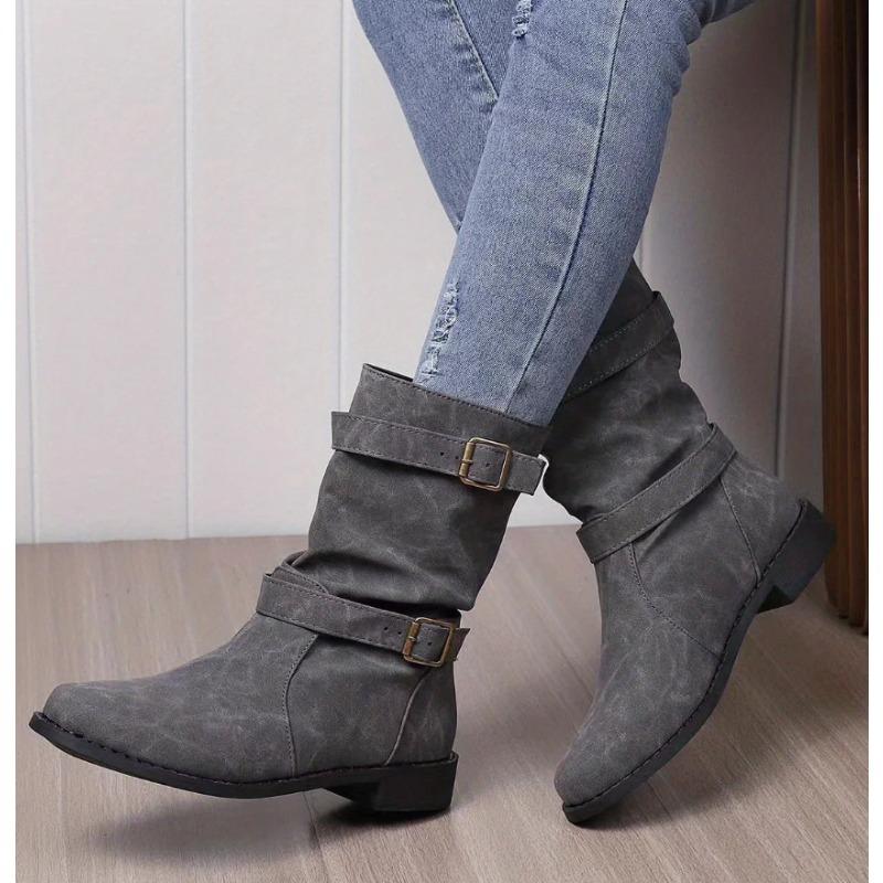 Belt Buckle Shoes, Round Toe Thick-soled Mid-calf Boots, Women's Flat Low-heeled Boots