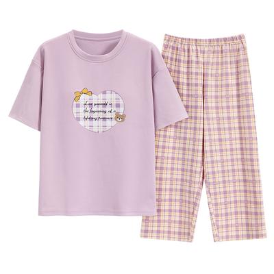 Summer with Chest Pads Cotton Pajamas Homewear Suit Female Short-Sleeved Seven Pants Plus Size Ladies Homewear Suit