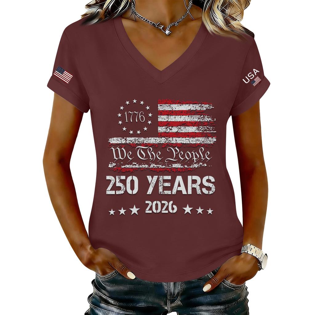 Women's Fashionable V-Neck Casual Retro Print Short Sleeved T-shirt Top