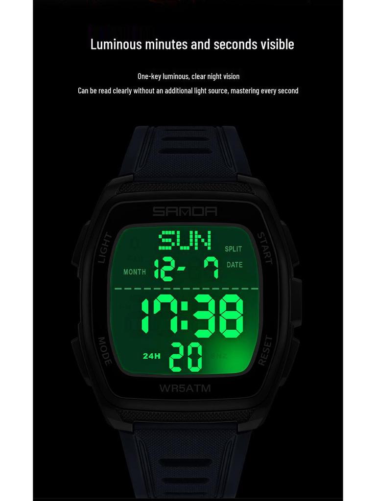 SANDA 9080 Men's Luminous Barrel-Shaped Sports Watch - Multifunctional, Waterproof, and Ideal for Student Parties.