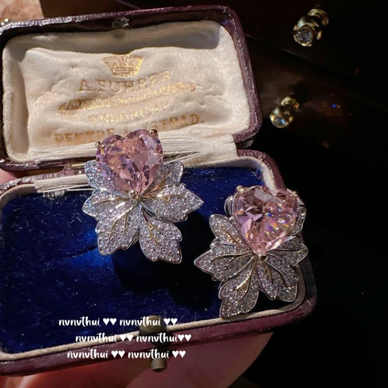 Floral Open Ring Heart Earrings Set Cubic Zirconia Pink Sapphire Tone 18K Gold Plated Womens Vintage Jewelry