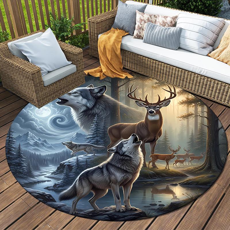 Deer Bear Wolf Round Area Rug,Carpet Rug for Living Room Bedroom Sofa Playroom Decor,Non-slip Floor Mat