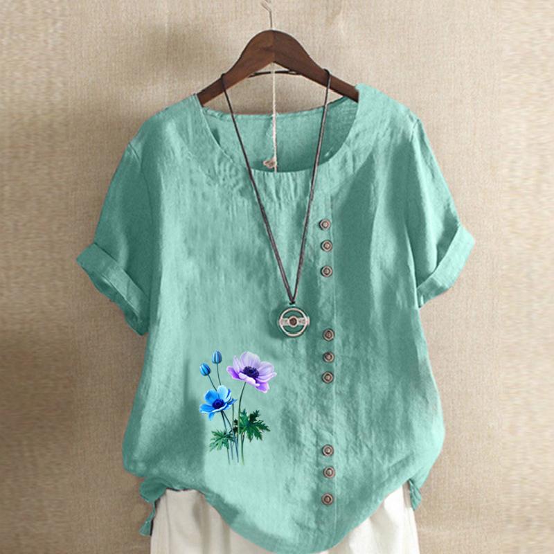 Women's Fashion Round Neck Short Sleeve T-shirt Casual Cotton Linen Graphic Shirt Leisure Loose Flowers Prined Summer Blouse Tops