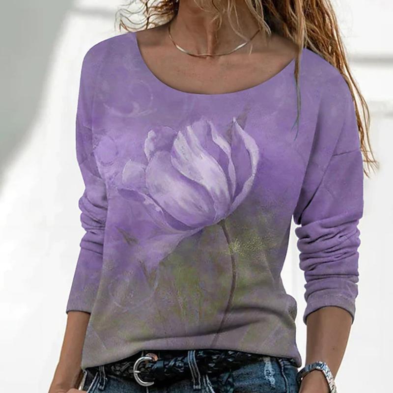 Topuri Toamna Femei Loose Cat Lotus Flower Print Causal Tricou cu maneca lunga Top Bluza