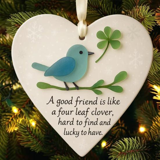 Heart Shaped Sea Glass Friendship Decor Sea Glass Bird And Four Leaf Clover Heart Ornament for Xmas Tree Friendship Keepsake for Best Friends