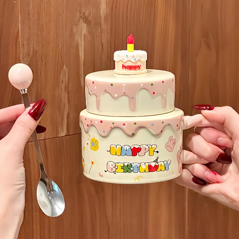 ins cute cake ceramic mug with lid girl high-end drinking cup birthday gift souvenir gift box