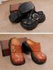 Johnature Genuine Leather Round Toe Thick Soled Shoes Retro Belt Buckle Outdoor Platform Slippers