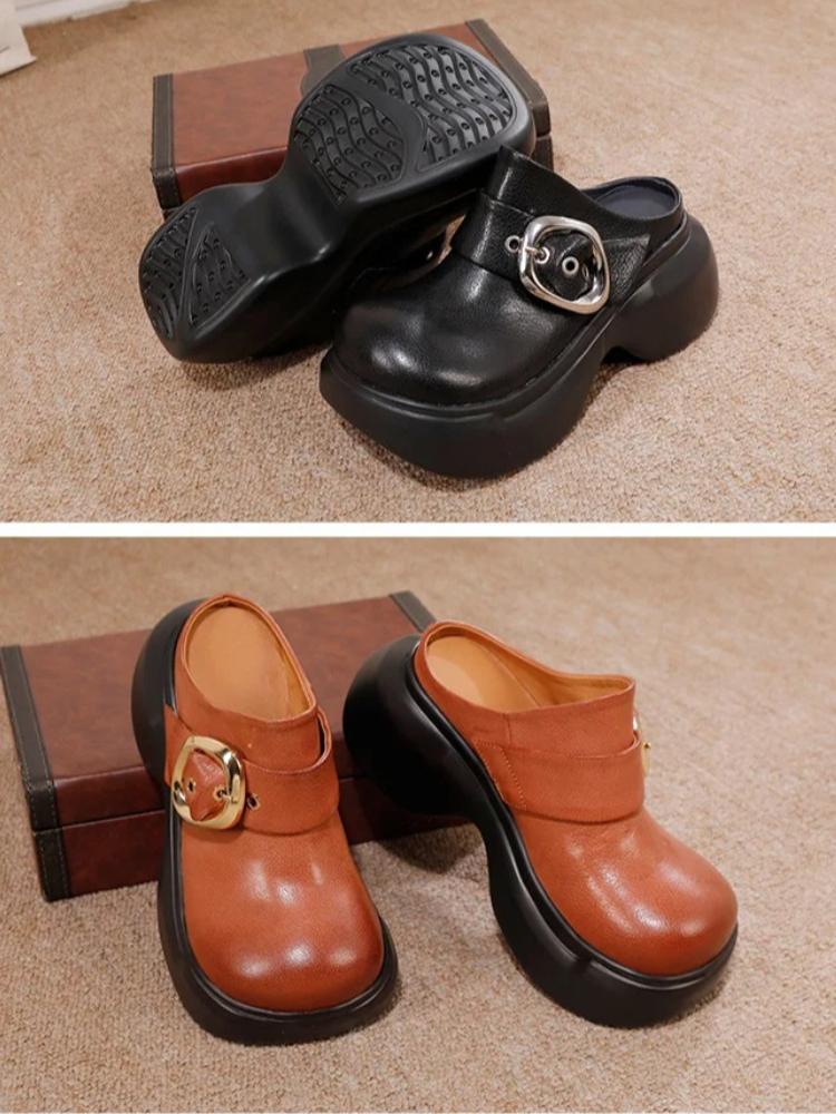 Johnature Genuine Leather Round Toe Thick Soled Shoes Retro Belt Buckle Outdoor Platform Slippers