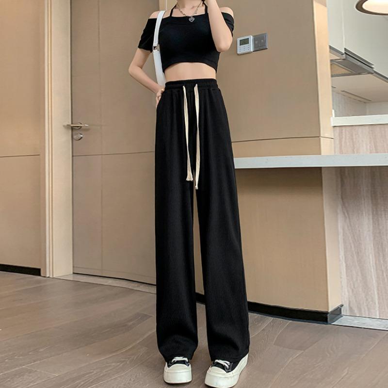 

Black ice silk sports wide-leg pants women s high waist drape spring and summer new breathable loose straight casual pants M