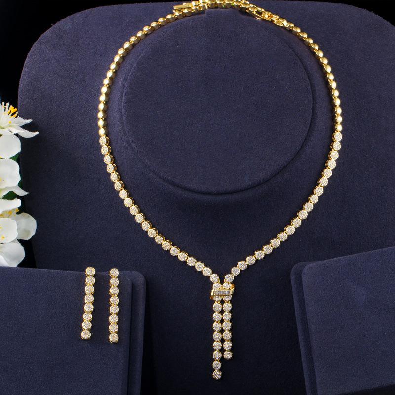 Bridal Wedding Accessories, Zircon Necklace Earrings, Two-Piece Jewelry Set T0150