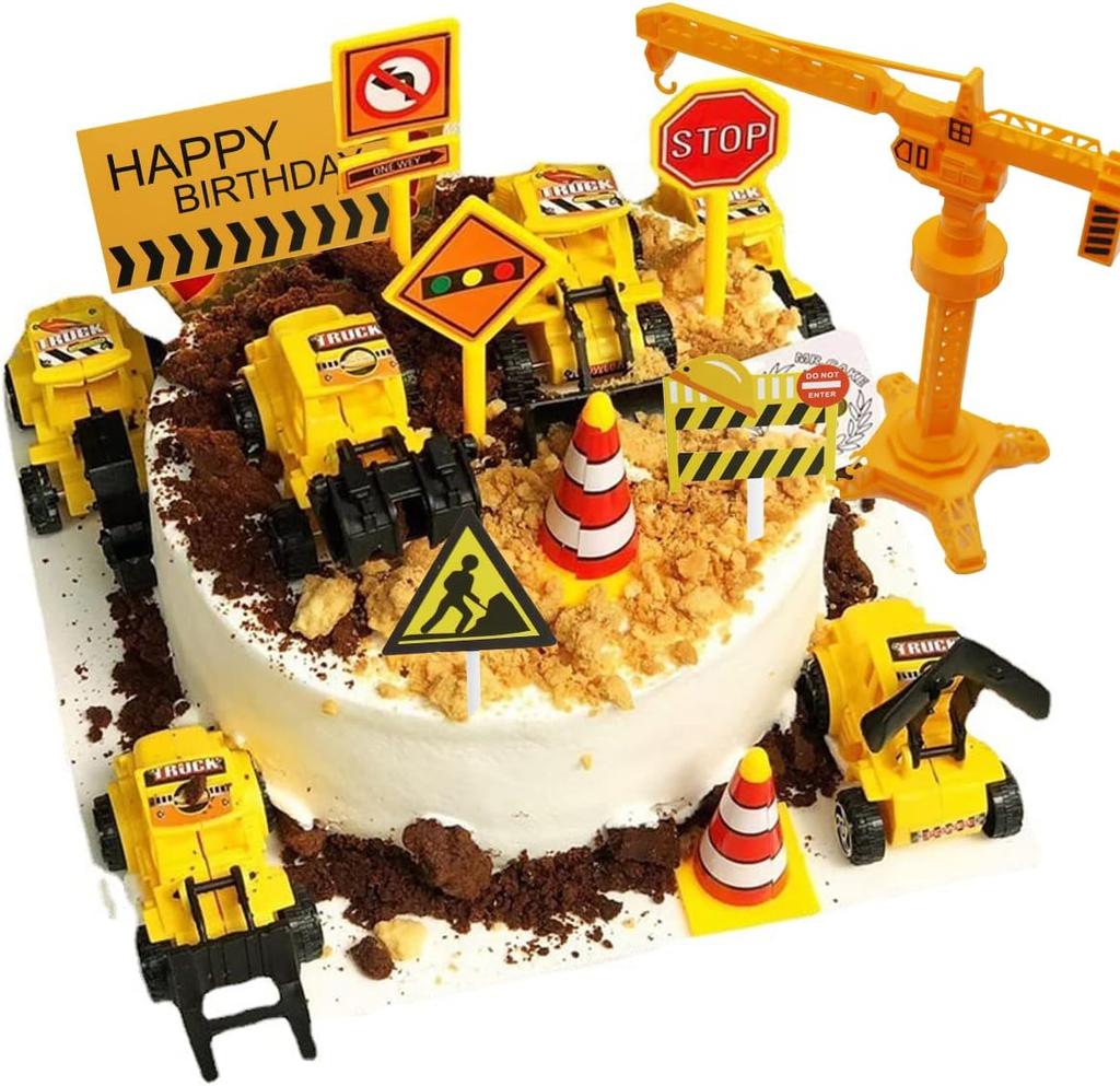 25Pcs Construction Cake Topper Excavator Tower Cupcake Topper Bulldozer Backhoe Traffic Road Sign Cake Decor Vehicles Decoration