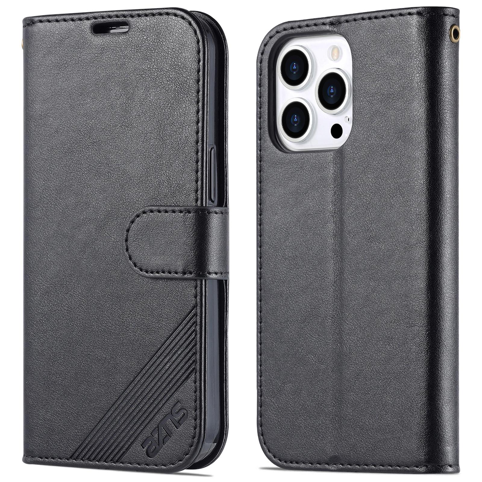 

For iPhone 16 Pro Max Wallet Phone Case Anti-Scratch PU Leather Stand Cover Black