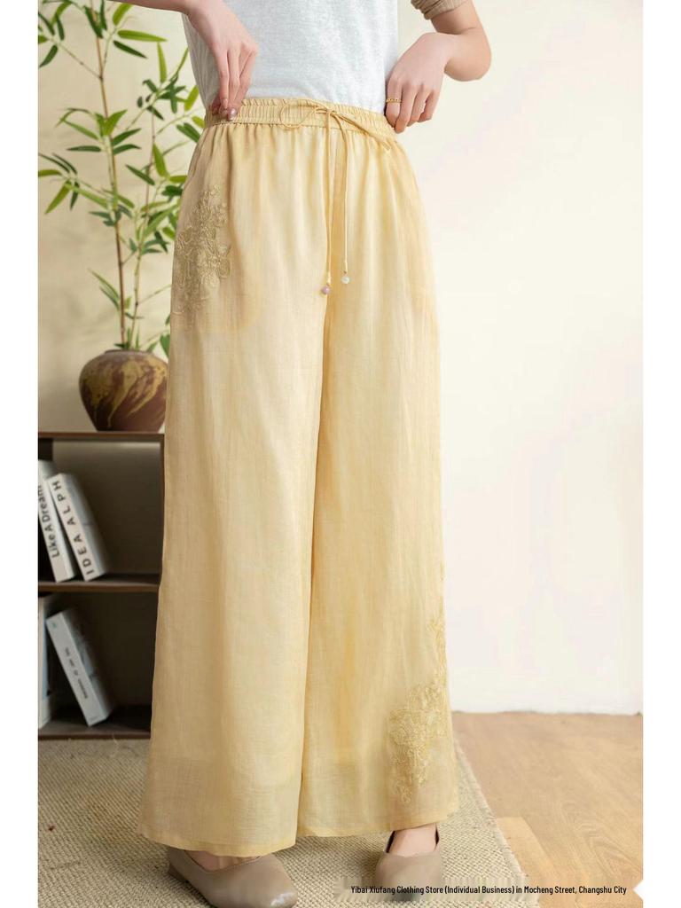 2026 Sommer Damen bestickte Leinen-Hose mit weitem Bein und Kordelzug