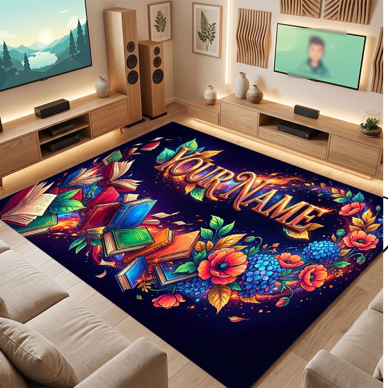 Floral Garden Theme Crystal Velvet Floor Rug Personalized Custom Name Text Warm Carpet Home Decoration