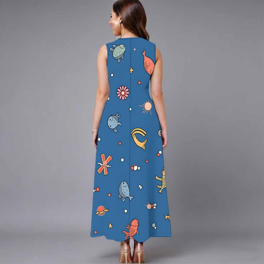 Ladies Oversized Sleeveless Crew Neck Dress Vivid Mixed Tropical Foliage Flowy Calf Length Gown