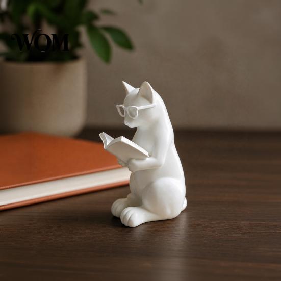 Study Room Decor 3D Printed Reading Cat Figurine, Decorative Ornament with Weighted Anti-Slip Base, With Glasses Intellectual Statue Eye for