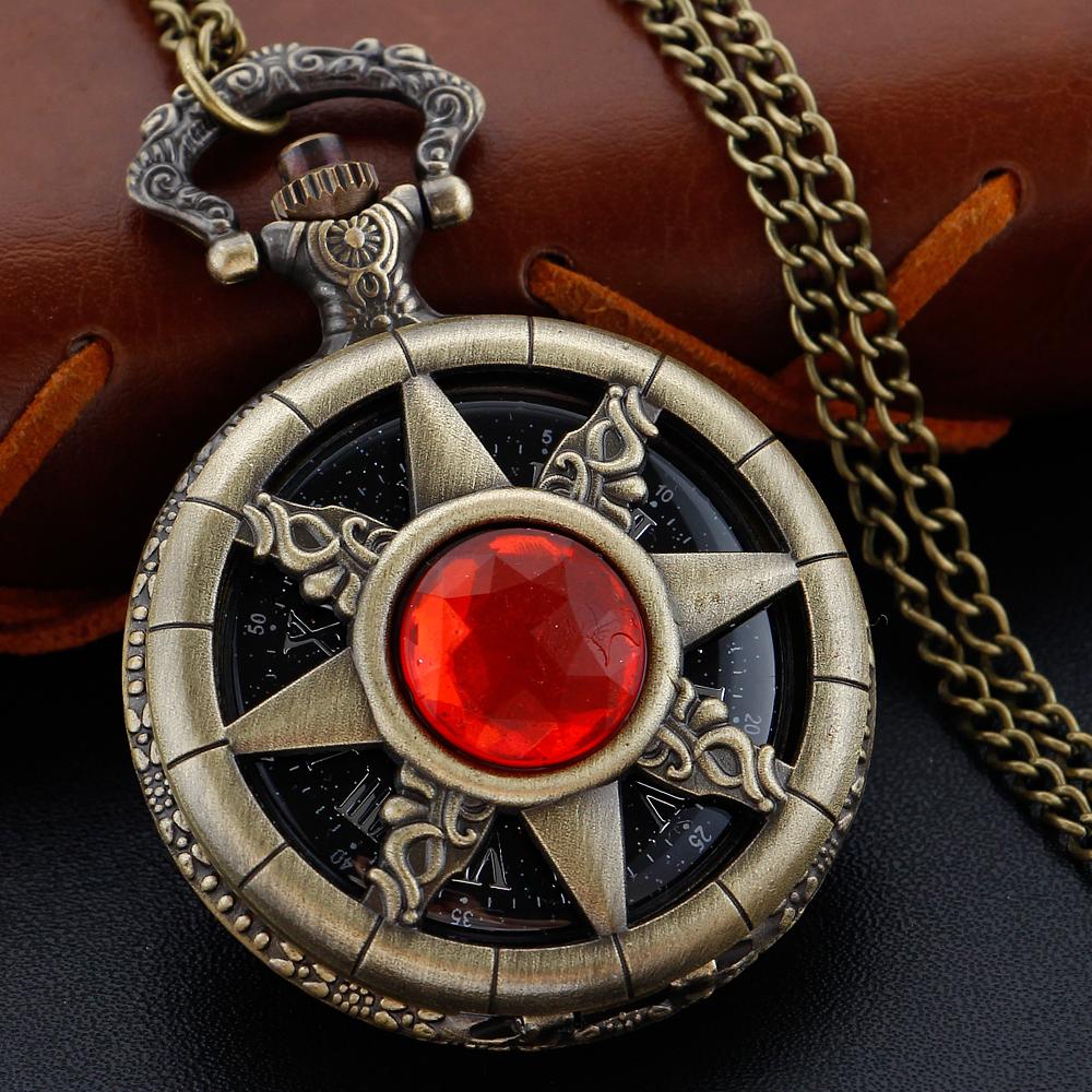 

Magic Ruby Pentagram Quartz Pocket Watch Vintage Gentleman Style Series Necklace Pendant Clock Commemorative Gift бронзовий