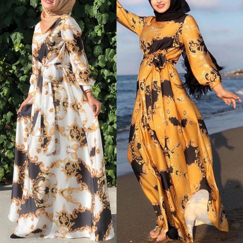 Floral Printting Ramadan Muslim Dress Abayas Lace Up O-Neck Dubai Turkey Islam Clothing Kaftan Robe for Womens Girls