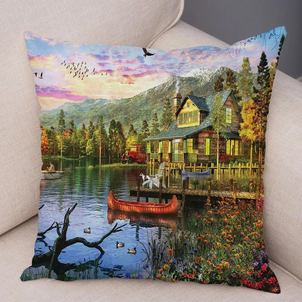 Vintage Colorful Style Coconut Tree Pillow Cover Country House Landscape  Sofa Car Office Cushion  Home Decor