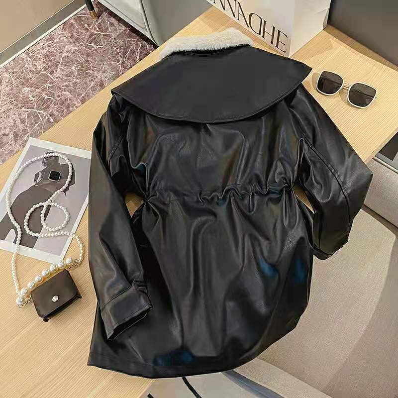 Veste en cuir polaire pour femme hiver épaissie nouvelle chaude imitation velours de lapin veste rétro style Hong Kong noir locomotive veste en cuir
