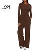 Breathable Matching Sets Women Top Pants Set for Spring Fall, Slim Fit Crewneck Sweatshirt, Everyday Wear Suit Elastic Waist Loose Wide