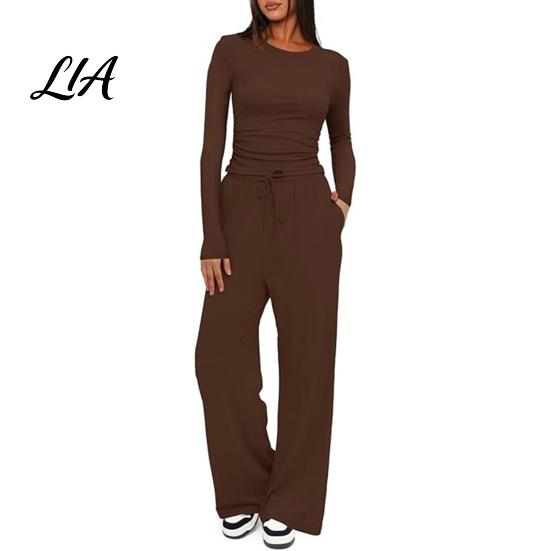 Breathable Matching Sets Women Top Pants Set for Spring Fall, Slim Fit Crewneck Sweatshirt, Everyday Wear Suit Elastic Waist Loose Wide