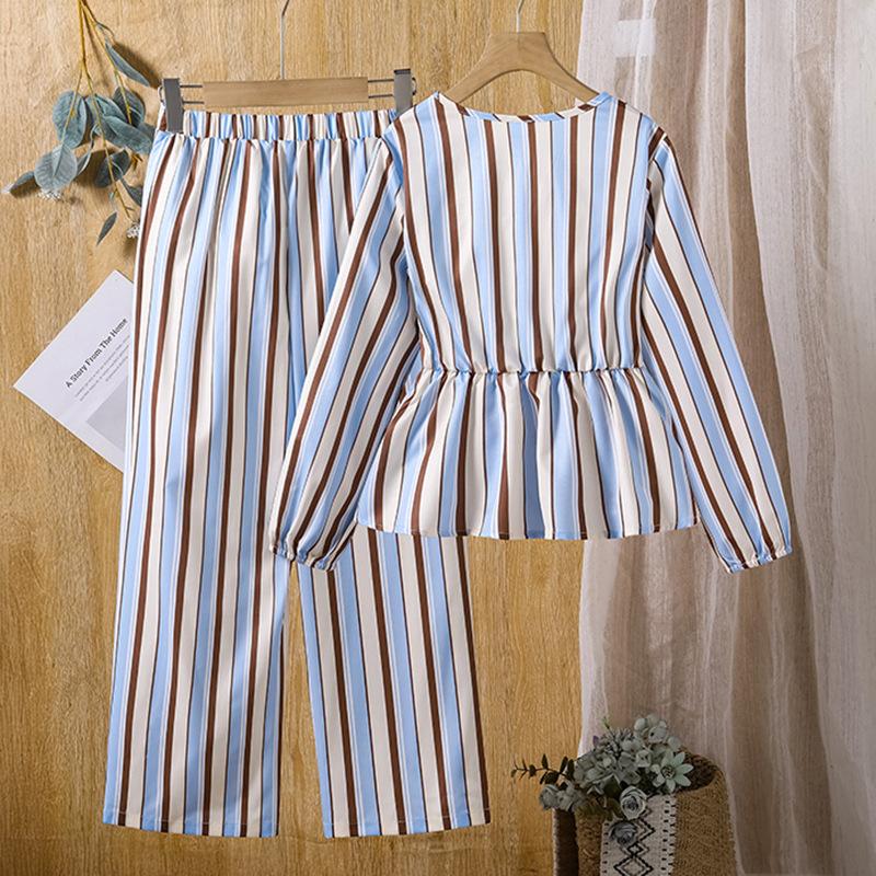 Girls' Casual Striped Set: Spring/Fall Children's Long-Sleeve V-Neck Top and Wide-Leg Pants Two-Piece Set