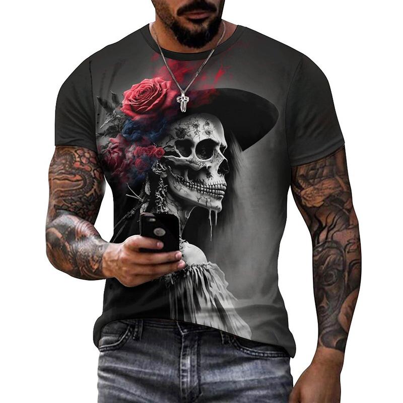 Summer Round Neck 3D Mexican Day of the Dead Skull Pattern Print Top Fashionable Casual Short Sleeved Men's T-shirts
