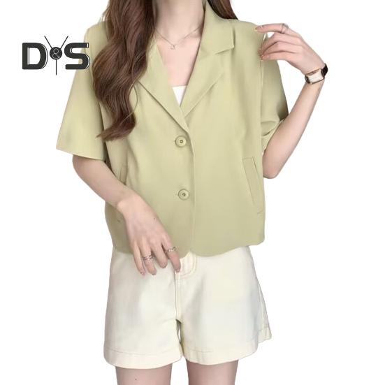 Dámské sako s klopami, krátkým rukávem a volným střihem, s kapsami, jednobarevné, volného střihu, letní business kabát