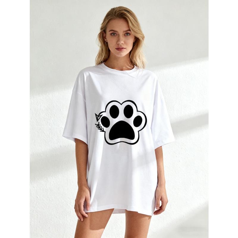 Übergroßes T-Shirt Schwarz Pfotenabdruck mit Blattdesign Freizeitkleidung für Damen Sommeroutfits Streetwear Mode Top