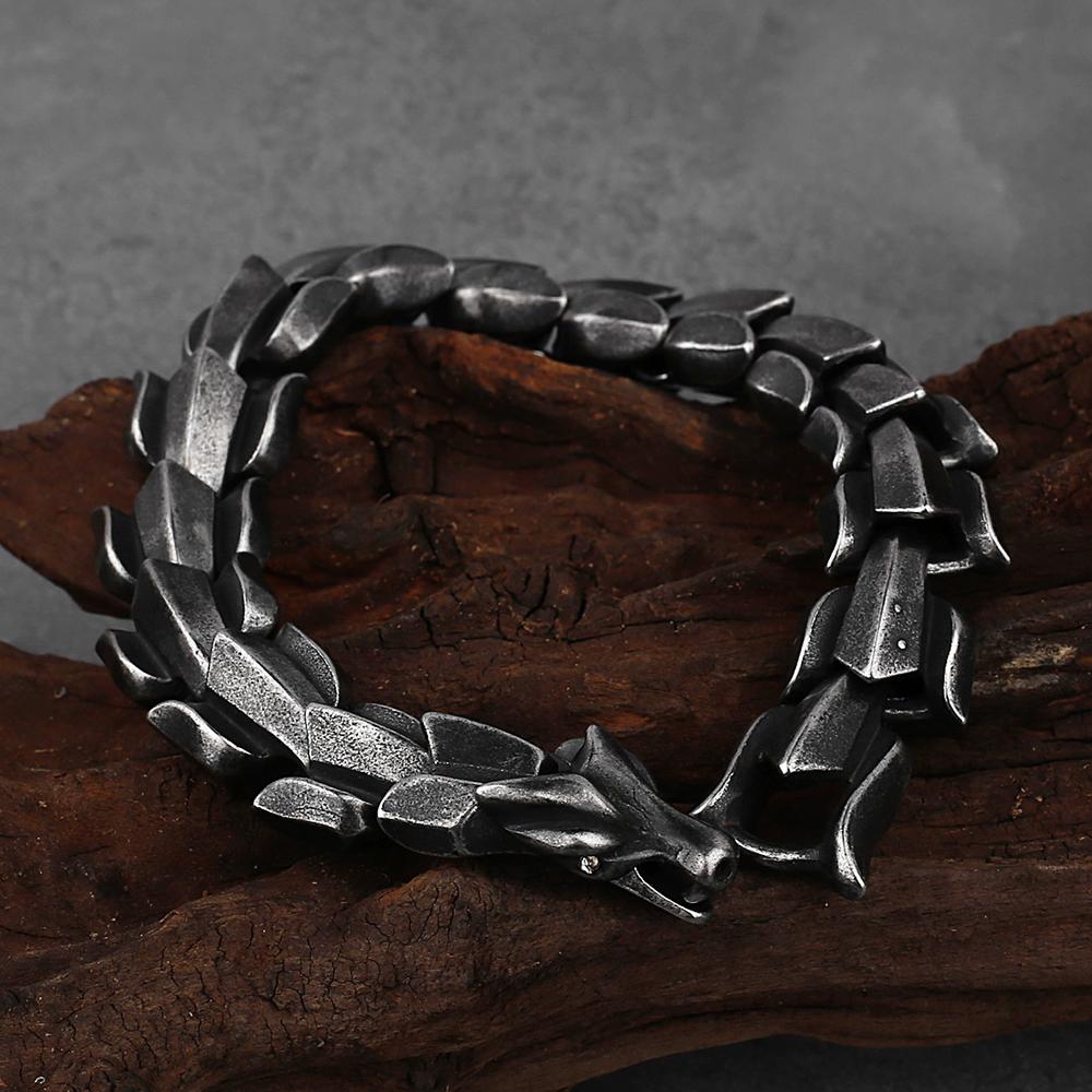 

Vintage Viking Bracelet Stainless Steel Men Biker Nordic Dragon Odin Amulet Ouroboros Jewelry Gift for Him 19cm