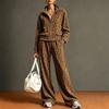 Conjunto de 2 piezas para mujer con estampado de leopardo, chaqueta de forro polar con cremallera completa y cuello alto, pantalones de cintura elástica y pierna ancha, conjunto de chándal casual holgado