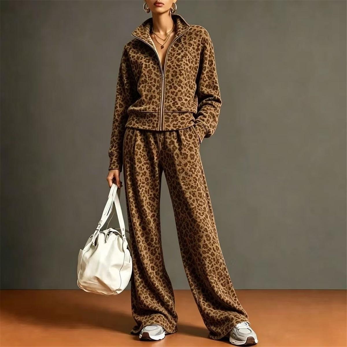 Women Leopard Print 2‑Piece Outfit Full‑Zip