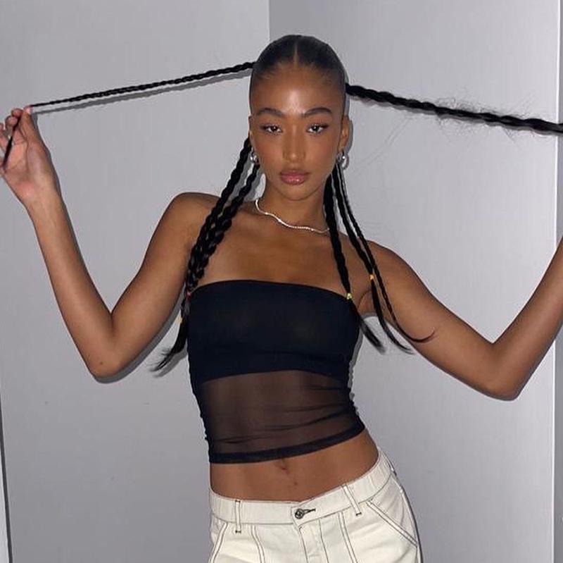 Summer 2022 Solid Color Sleeveless Mesh See-Through Crop Top Vest - Women's Casual European American Style