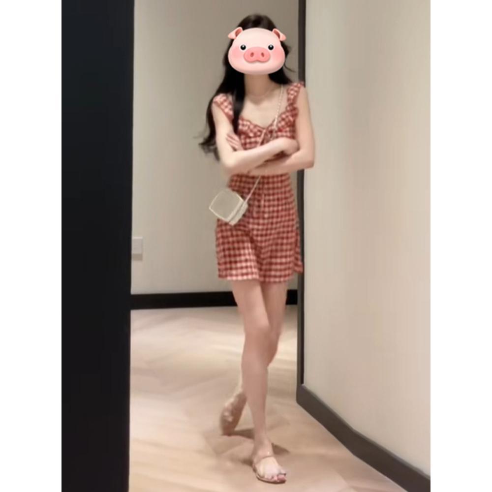 

Ретро красное клетчатое платье на подтяжках для женщин, приталенное и стройнящее летом, для невысоких и высоких, короткая юбка в обтяжку XL- (recommended 110-60kg)