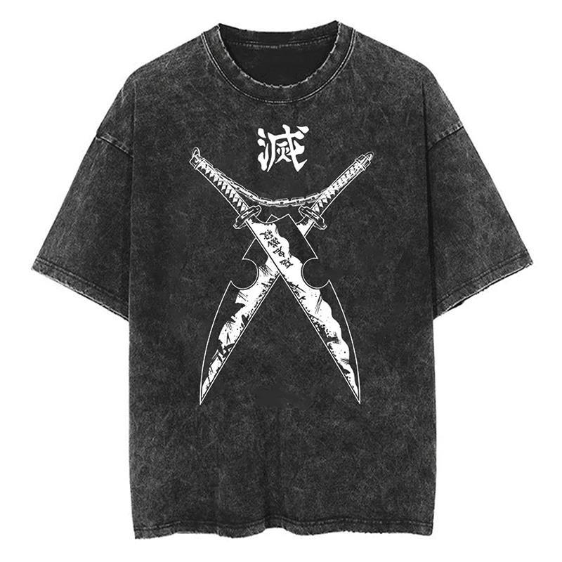 Anime Demon Slayer Rengoku Kyoujurou Printed T Shirt Men Women Manga Tshirts Vintage Washed T-Shirt Harajuku Manga Cotton Tops