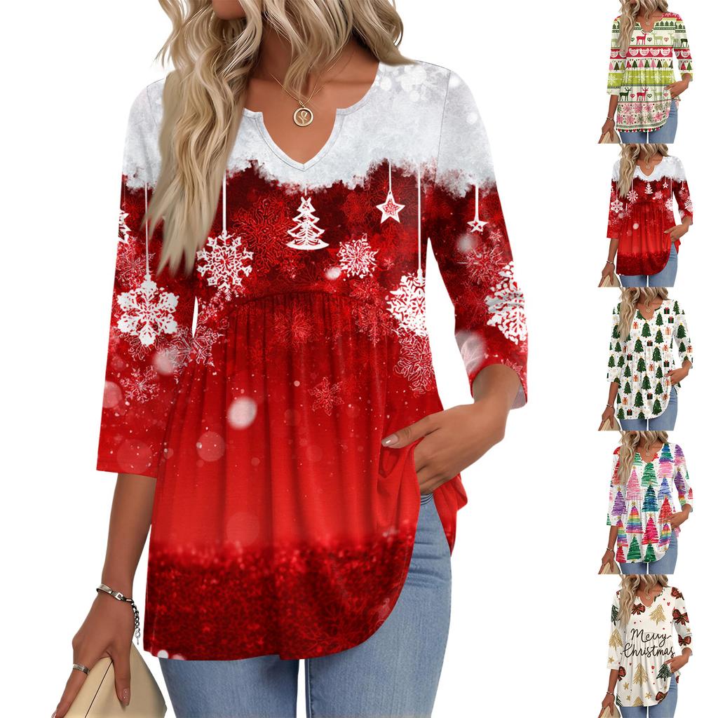 Women's Fashion Casual Christmas Print V-Neck Three-Quarter Sleeve Blouse