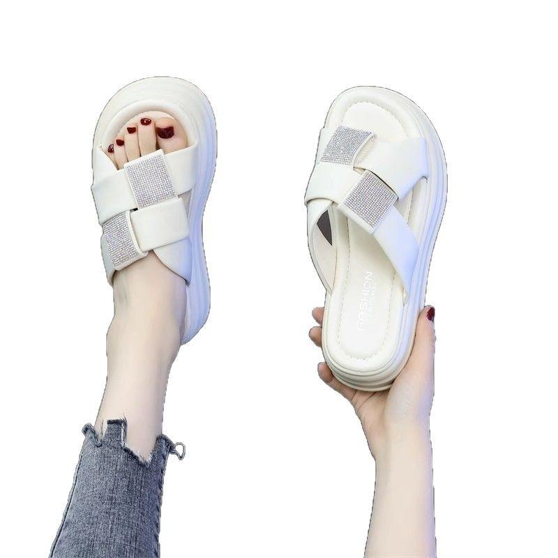 Soft leather one-word slippers New sandals muffin thick-soled flat-bottomed beach slippers in summer