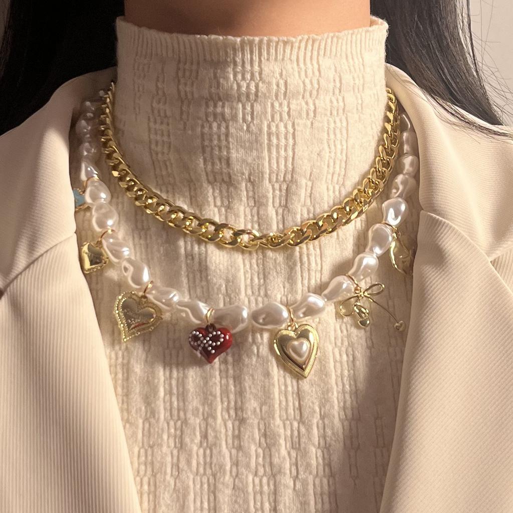 Fashion Personality Double Layer Stacked Wear Imitation Pearl Various Love Geometric Pendant Chain Stacked Women's Necklace