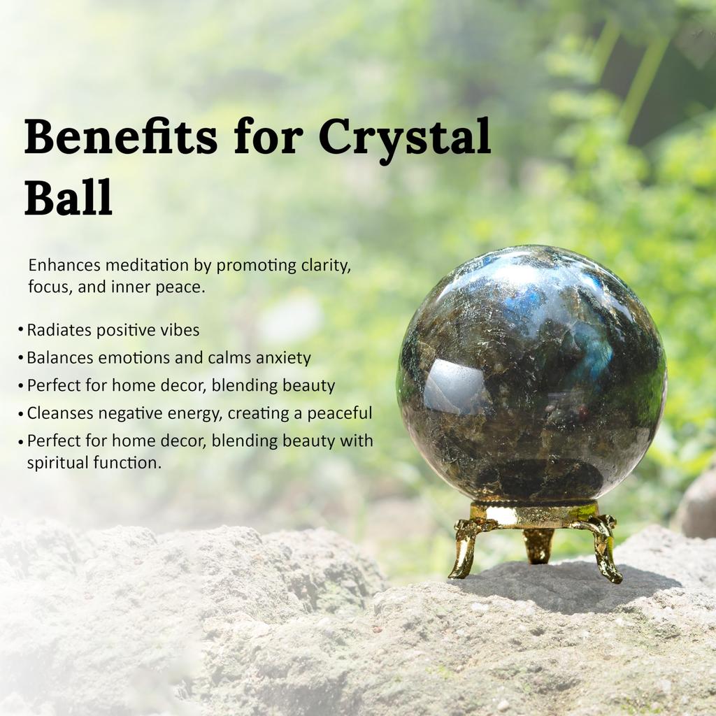 Crocon Labradorite Crystal Sphere with Metal Stand Gemstone Sphere Healing Ball Sculpture Feng Shui Divination Figurine Home Decor Size: 45-55 Mm
