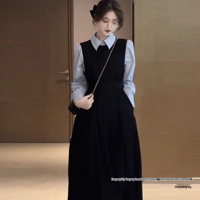 Conjunto de Vestido Camisa Largo de Algodón Azul Marino y Negro para Mujer Estilo Hepburn Francés Otoño