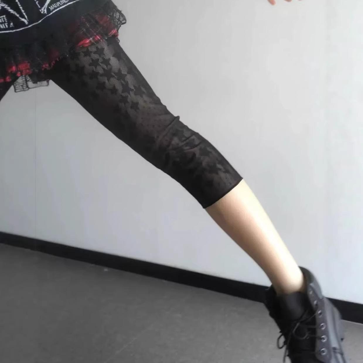 

Retro Millennium Korean-Japanese Style Star Jacquard Lace Stretch Leggings - Summer 7-Length for Women One Size чорний