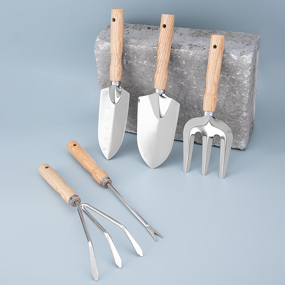 

5Pcs Stainless Steel Gardening Tool Wooden Handle Fork Shovel Rake Set Type A