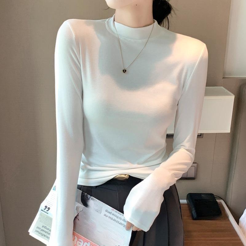 New Women's Long-sleeved T-shirt Base Layer, Solid-color Long Johns, Semi-high Neck, Round Neck and Small Stand-up Neck Top