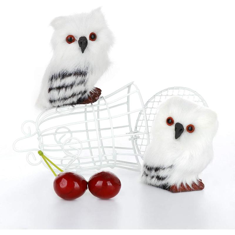 Christmas Owl Ornament Toy, White Black Furry Plush Baby Owl Model, Furry Cute Bird Christmas Ornament for Holiday Desktop Decor